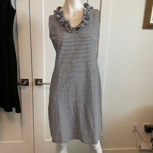 Talbots Slvless Scoop Ruffle Neck Cotton Blend Striped Midi ress Blk & Wht Sz S